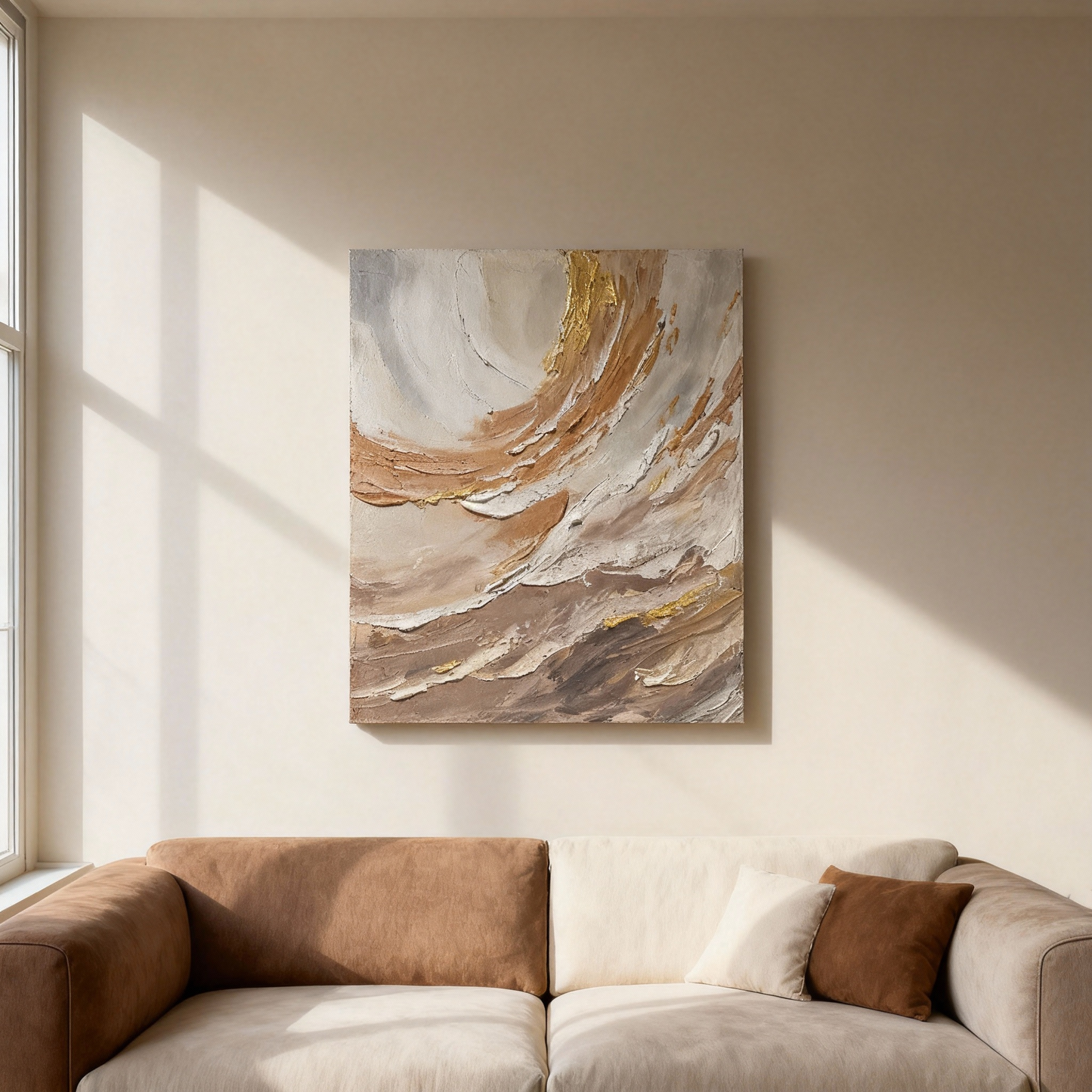 Hand-Painted Oil Painting | Neutral Abstract Art – Earth Tone Canvas Painting with Gold Accents for Minimalist Living Room Decor | Wall Art