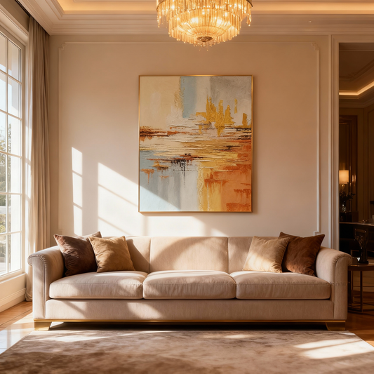Hand-Painted Oil Painting | Golden Abstract Landscape Art – Luxury Wall Painting for Living Room with Gold and Blue Tones