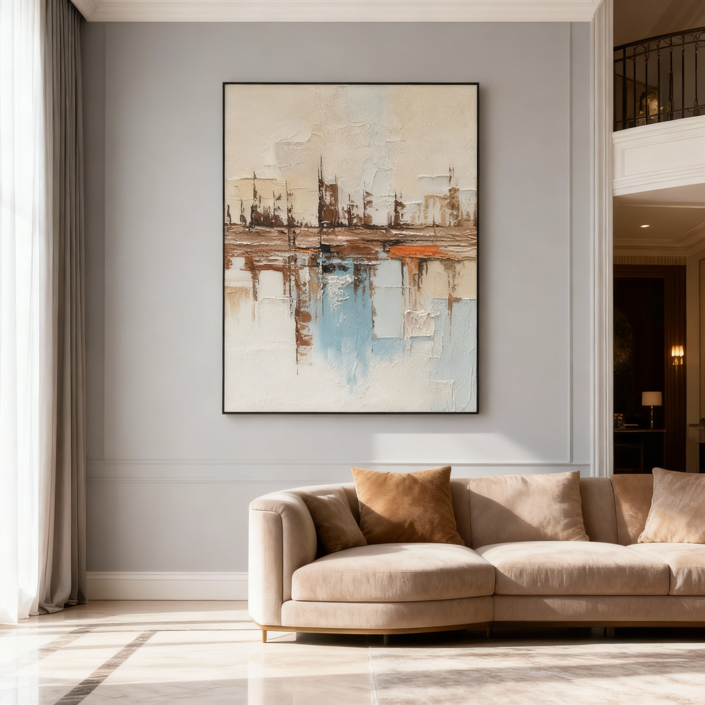 Hand-Painted Oil Painting | Abstract Water Reflection Art – Modern Canvas Painting with Blue and Brown Tones for Large Living Room or Foyer Decor