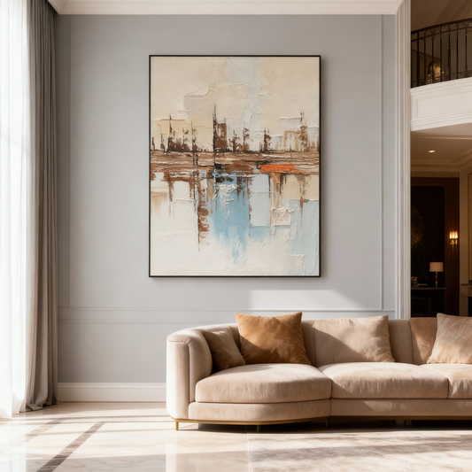 Hand-Painted Oil Painting | Abstract Water Reflection Art – Modern Canvas Painting with Blue and Brown Tones for Large Living Room or Foyer Decor