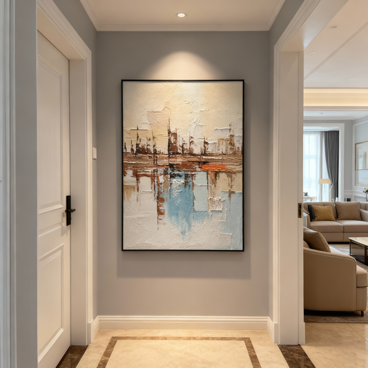 Hand-Painted Oil Painting | Abstract Water Reflection Art – Modern Canvas Painting with Blue and Brown Tones for Large Living Room or Foyer Decor