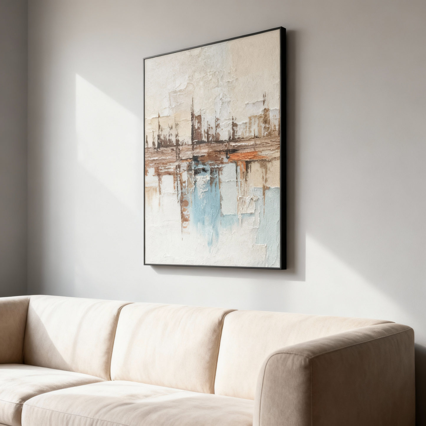 Hand-Painted Oil Painting | Abstract Water Reflection Art – Modern Canvas Painting with Blue and Brown Tones for Large Living Room or Foyer Decor