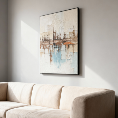 Hand-Painted Oil Painting | Abstract Water Reflection Art – Modern Canvas Painting with Blue and Brown Tones for Large Living Room or Foyer Decor