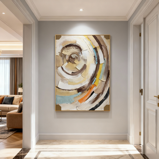 Hand-Painted Canvas Painting | Modern Abstract Spiral Wall Art – Warm Earth Tones for Living Room Decor