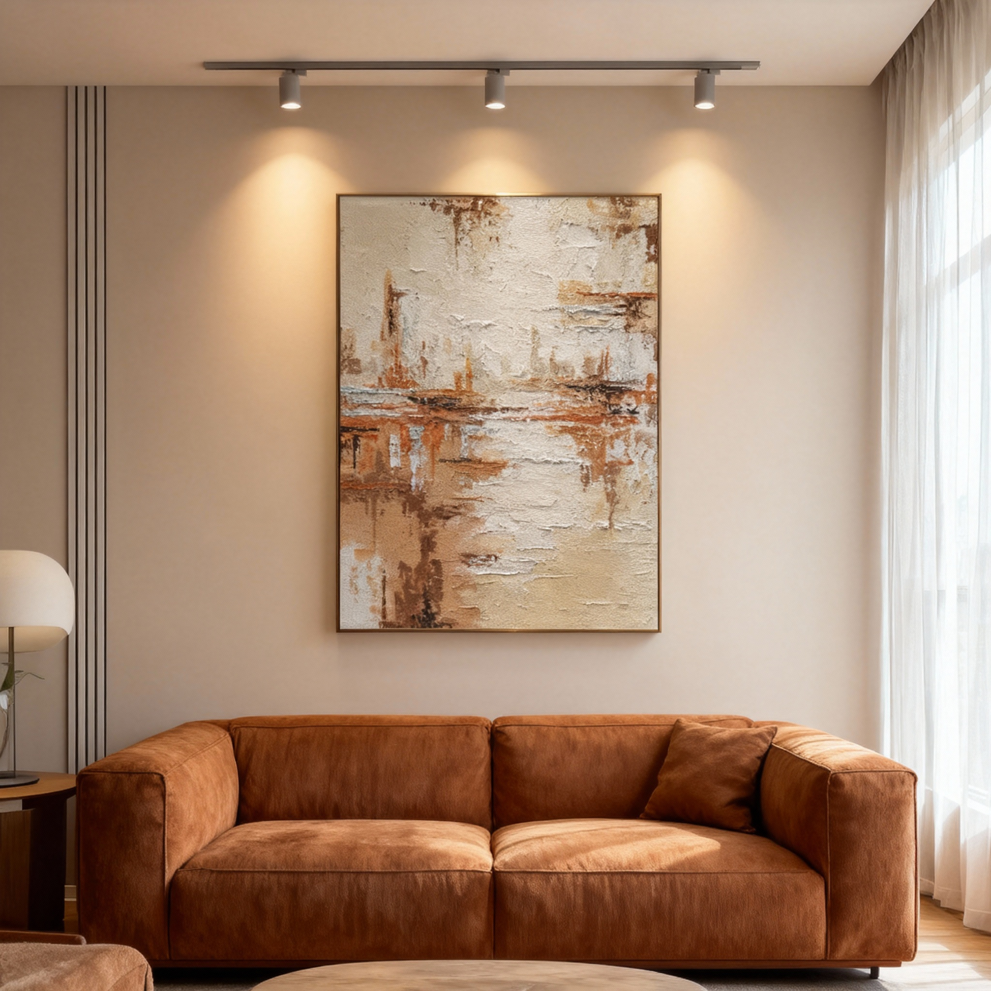 Hand-Painted Modern Art | Rustic Abstract Wall Art – Earth Tone Canvas Painting with Textured Brushwork for Warm Living Room Decor