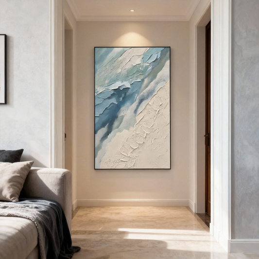 Textured Oil Painting | Ocean-Inspired Abstract Wall Art – Textured Blue and White Canvas Painting for Modern Home Decor