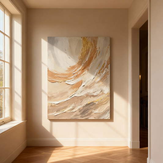 Hand-Painted Oil Painting | Neutral Abstract Art – Earth Tone Canvas Painting with Gold Accents for Minimalist Living Room Decor | Wall Art