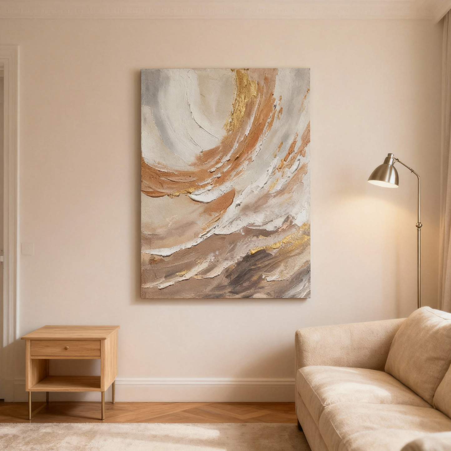 Hand-Painted Oil Painting | Neutral Abstract Art – Earth Tone Canvas Painting with Gold Accents for Minimalist Living Room Decor | Wall Art