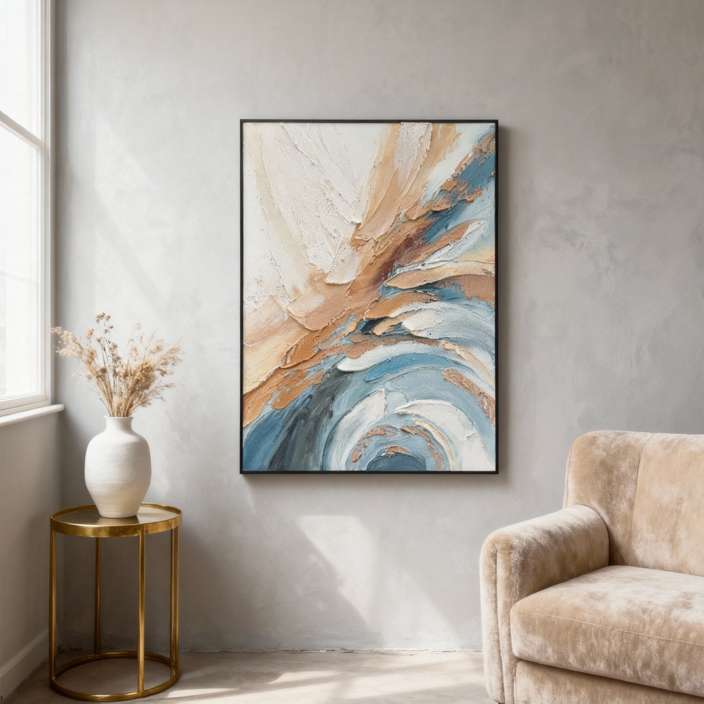 Hand-Painted Oil Painting | Modern Abstract Wave Art – Textured Blue and Brown Canvas Painting for Contemporary Home Decor