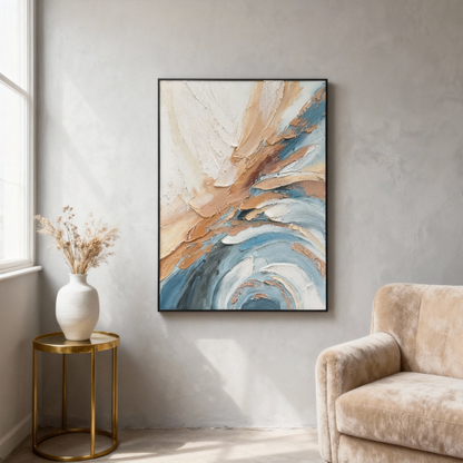 Hand-Painted Oil Painting | Modern Abstract Wave Art – Textured Blue and Brown Canvas Painting for Contemporary Home Decor