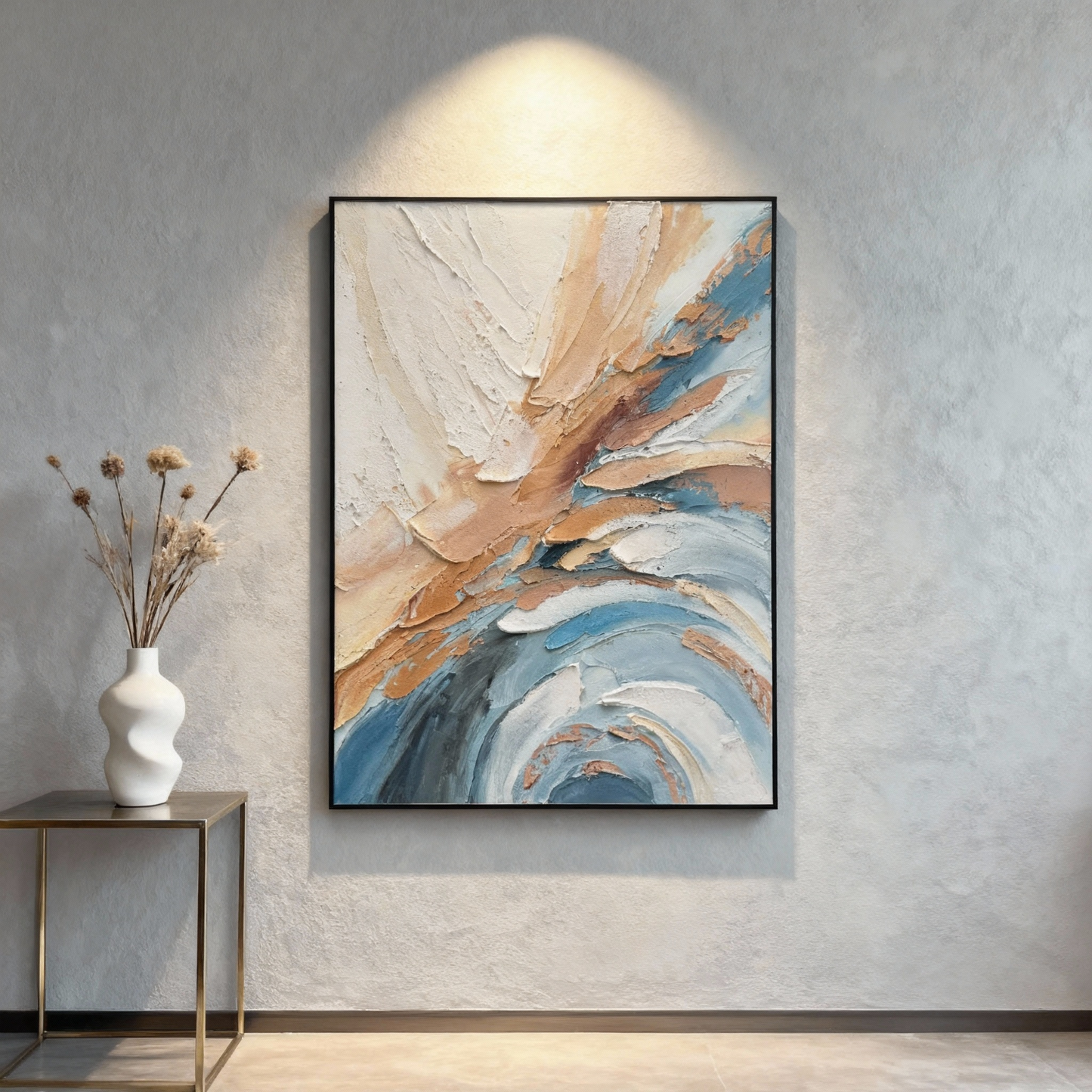 Hand-Painted Oil Painting | Modern Abstract Wave Art – Textured Blue and Brown Canvas Painting for Contemporary Home Decor