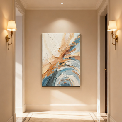 Hand-Painted Oil Painting | Modern Abstract Wave Art – Textured Blue and Brown Canvas Painting for Contemporary Home Decor