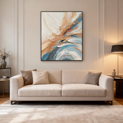 Hand-Painted Oil Painting | Modern Abstract Wave Art – Textured Blue and Brown Canvas Painting for Contemporary Home Decor