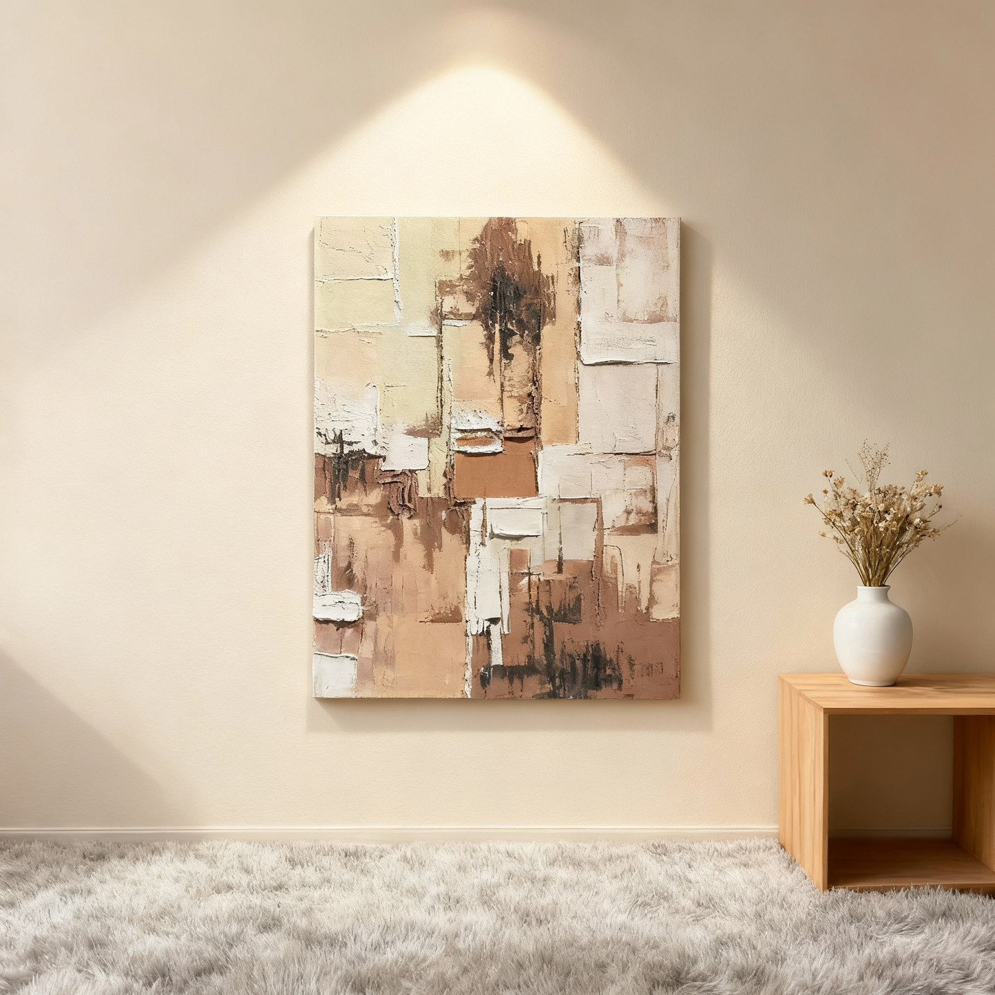 Hand-Painted Oil Painting | Geometric Abstract Wall Art – Modern Earth Tone Canvas Painting for Contemporary Living Room Decor