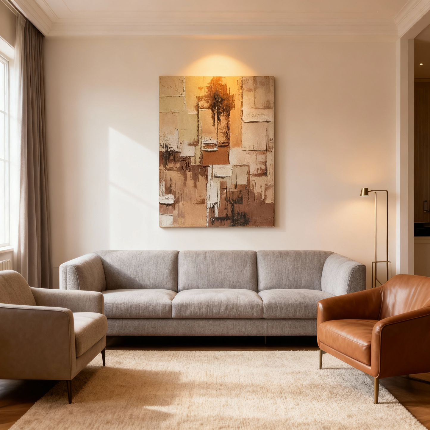 Hand-Painted Oil Painting | Geometric Abstract Wall Art – Modern Earth Tone Canvas Painting for Contemporary Living Room Decor