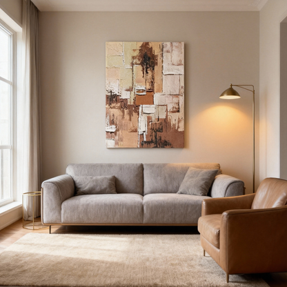Hand-Painted Oil Painting | Geometric Abstract Wall Art – Modern Earth Tone Canvas Painting for Contemporary Living Room Decor