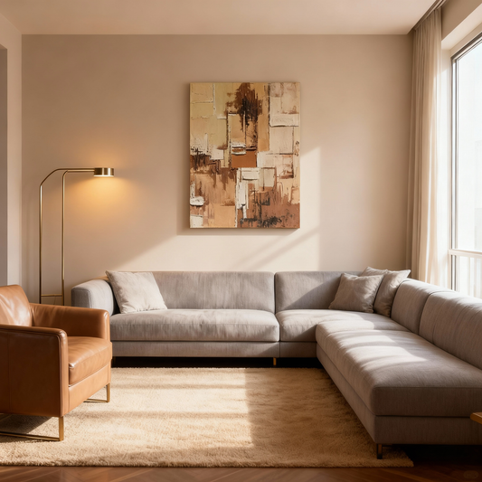 Hand-Painted Oil Painting | Geometric Abstract Wall Art – Modern Earth Tone Canvas Painting for Contemporary Living Room Decor