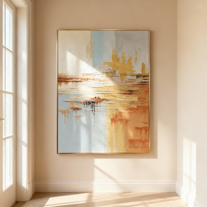 Hand-Painted Oil Painting | Golden Abstract Landscape Art – Luxury Wall Painting for Living Room with Gold and Blue Tones