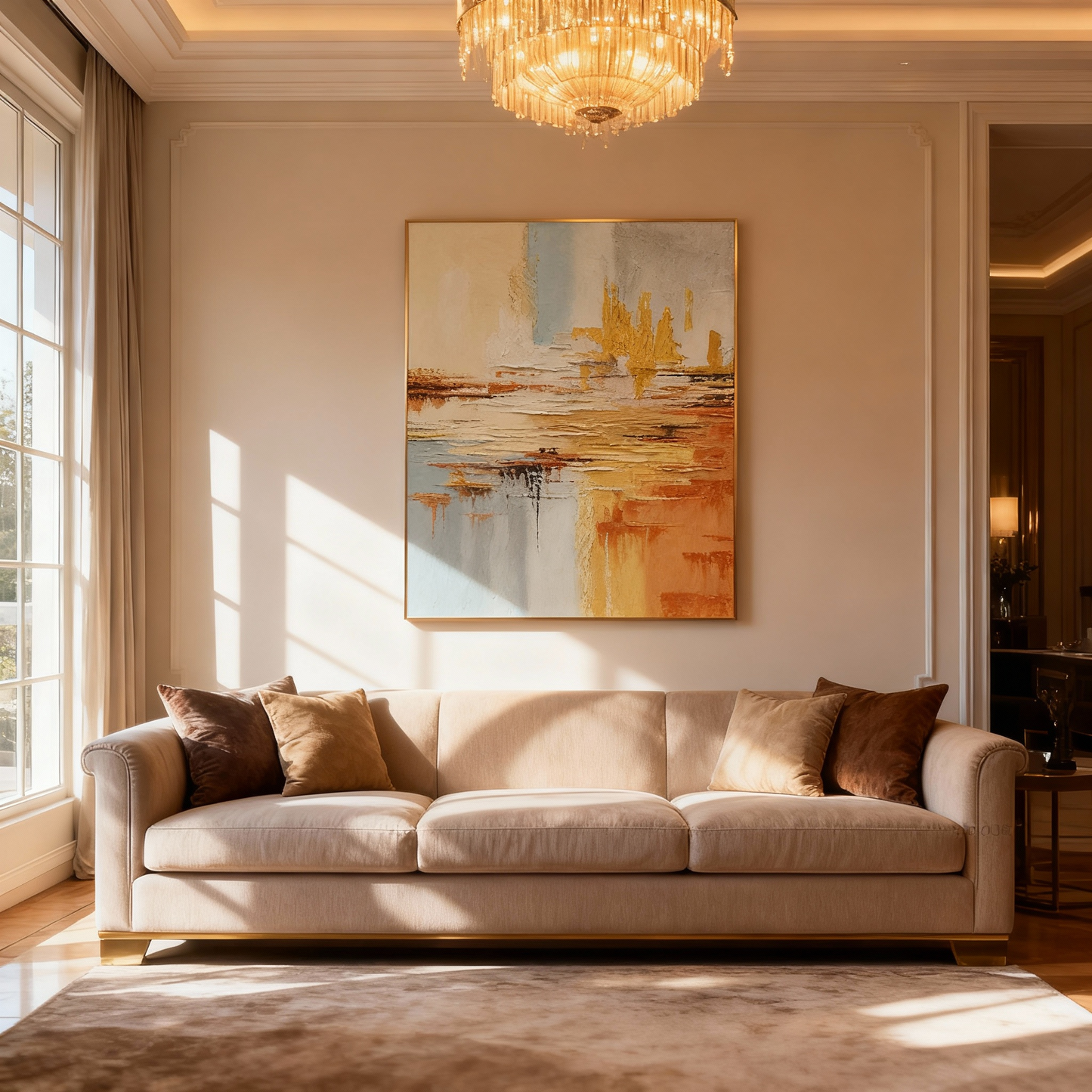 Hand-Painted Oil Painting | Golden Abstract Landscape Art – Luxury Wall Painting for Living Room with Gold and Blue Tones