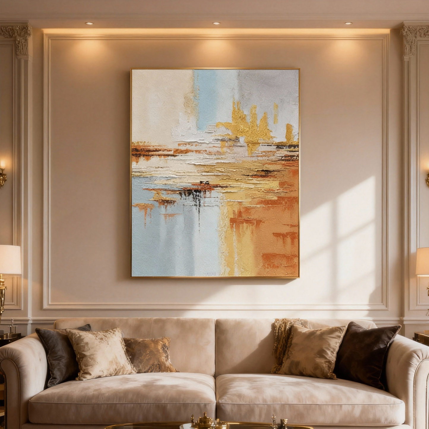 Hand-Painted Oil Painting | Golden Abstract Landscape Art – Luxury Wall Painting for Living Room with Gold and Blue Tones