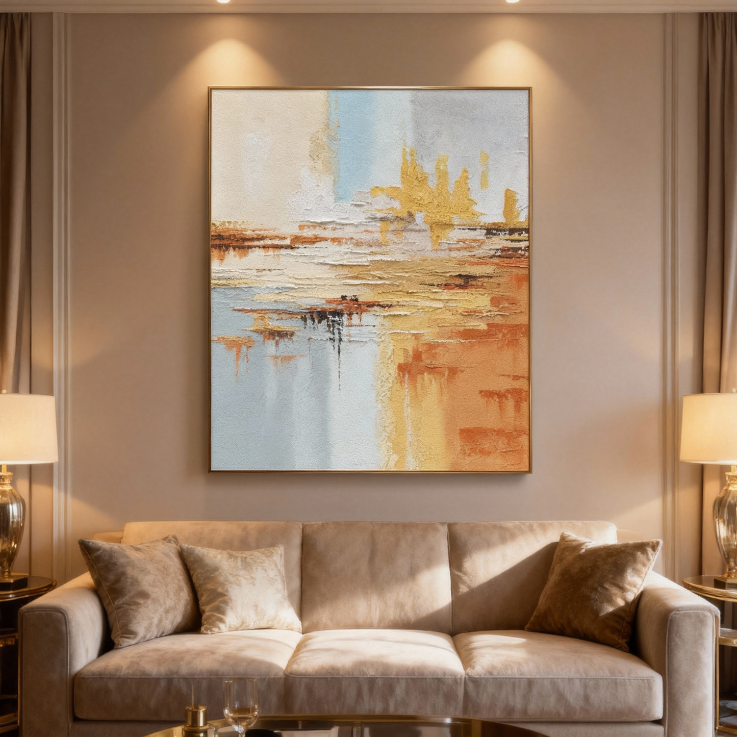 Hand-Painted Oil Painting | Golden Abstract Landscape Art – Luxury Wall Painting for Living Room with Gold and Blue Tones
