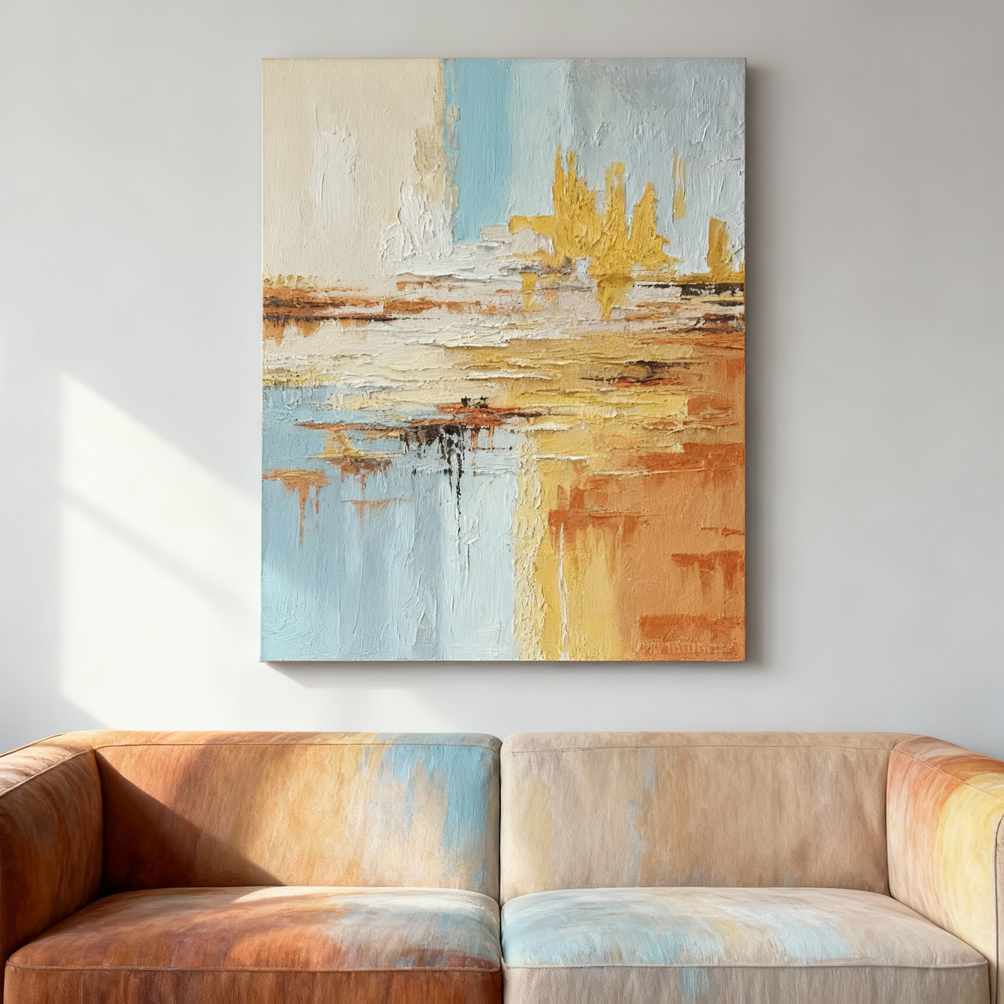 Hand-Painted Oil Painting | Golden Abstract Landscape Art – Luxury Wall Painting for Living Room with Gold and Blue Tones